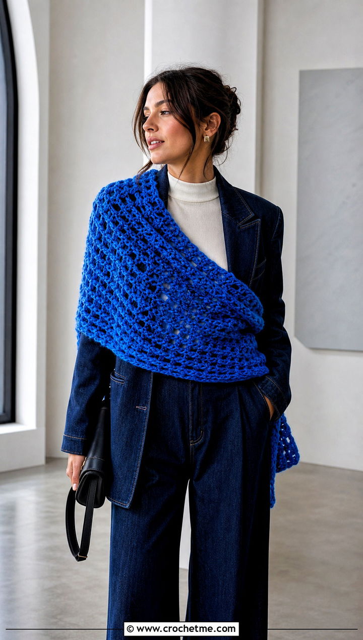 Oversized Crochet Wrap Scarf With Denim Suit - 25 denim and crochet scarf outfit ideas