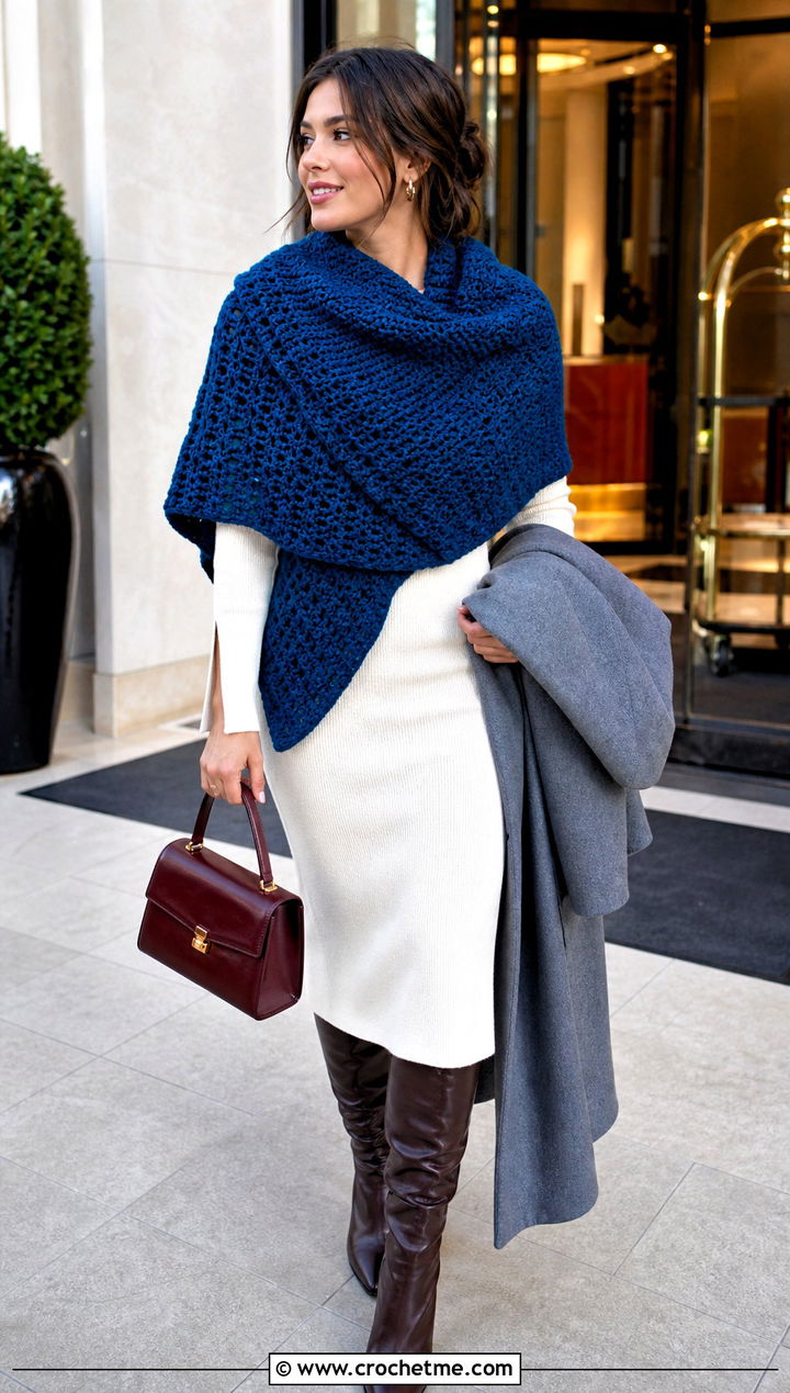 Oversized Crochet Wrap Scarf With Knit Dress And Tall Boots - 25 pretty crochet scarf outfit ideas