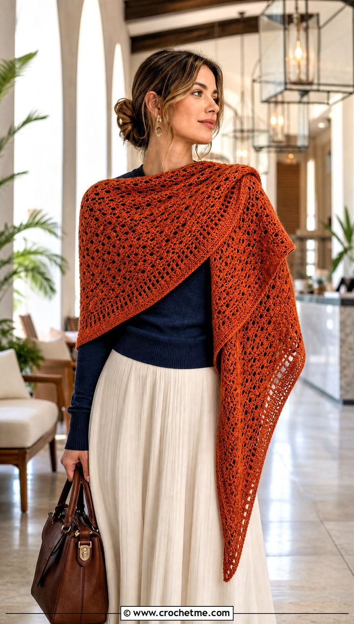 Oversized Crochet Wrap Scarf With Sweater And Maxi Skirt - 15 elegant crochet scarf design outfit ideas