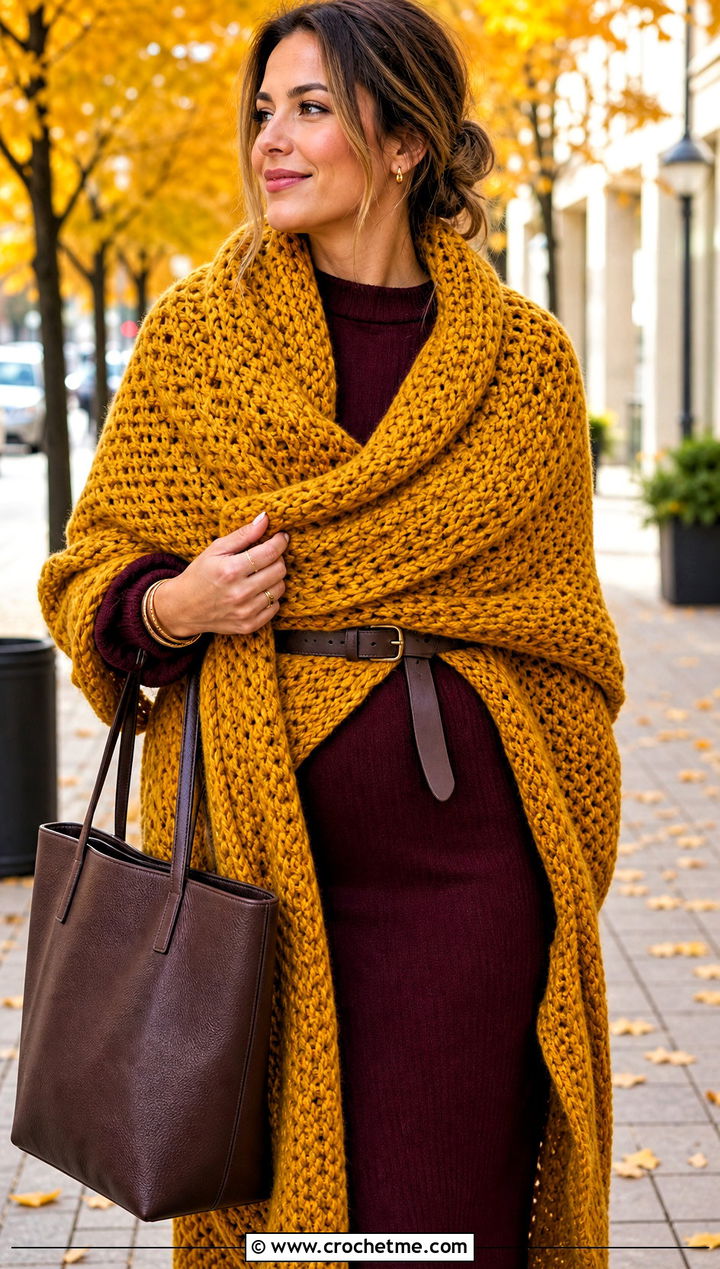 Oversized Crochet Wrap Shawl Scarf With Sweater Dress - 30 crochet shawl scarf outfit ideas