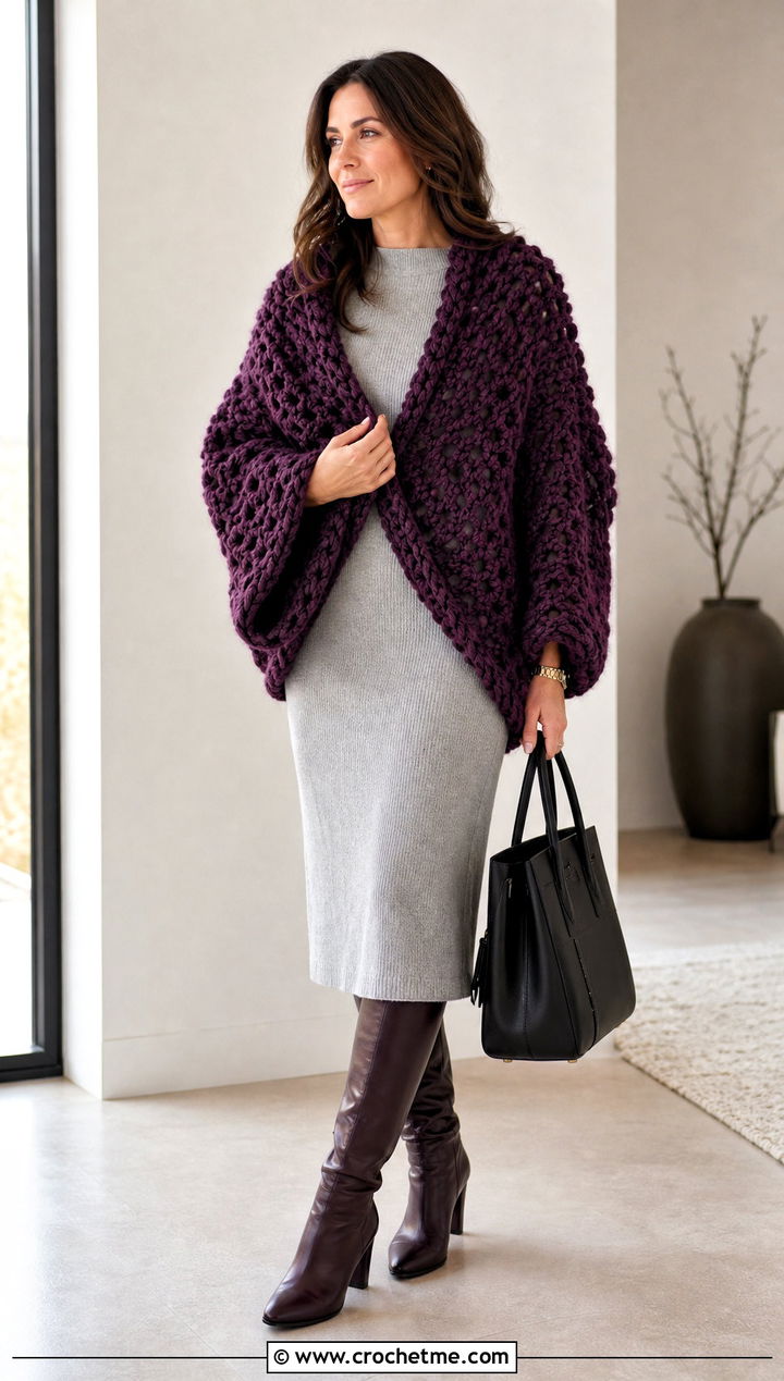 Oversized Crochet Wrap Shrug With Sweater Dress - 35 Crochet Wrap Shrug outfit ideas
