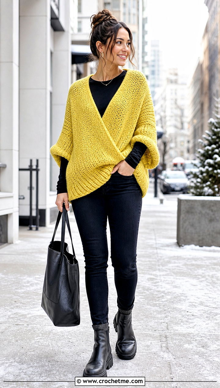 Oversized Crochet Wrap Sweater With Skinny Jeans - 35 crochet wrap sweater outfit ideas