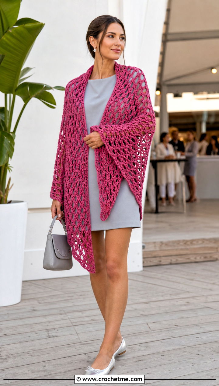 Oversized Crochet Wrap With A Mini Dress - 30 crochet summer wrap outfit ideas
