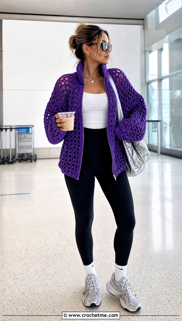 Oversized Crochet Zip Jacket With Leggings - 25 crochet jacket with zipper outfit ideas