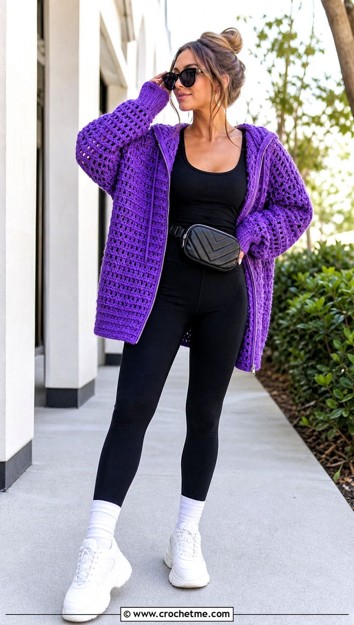 Oversized Crochet Zip Up Hoodie With Leggings - 30 crochet zip up hoodie outfit ideas