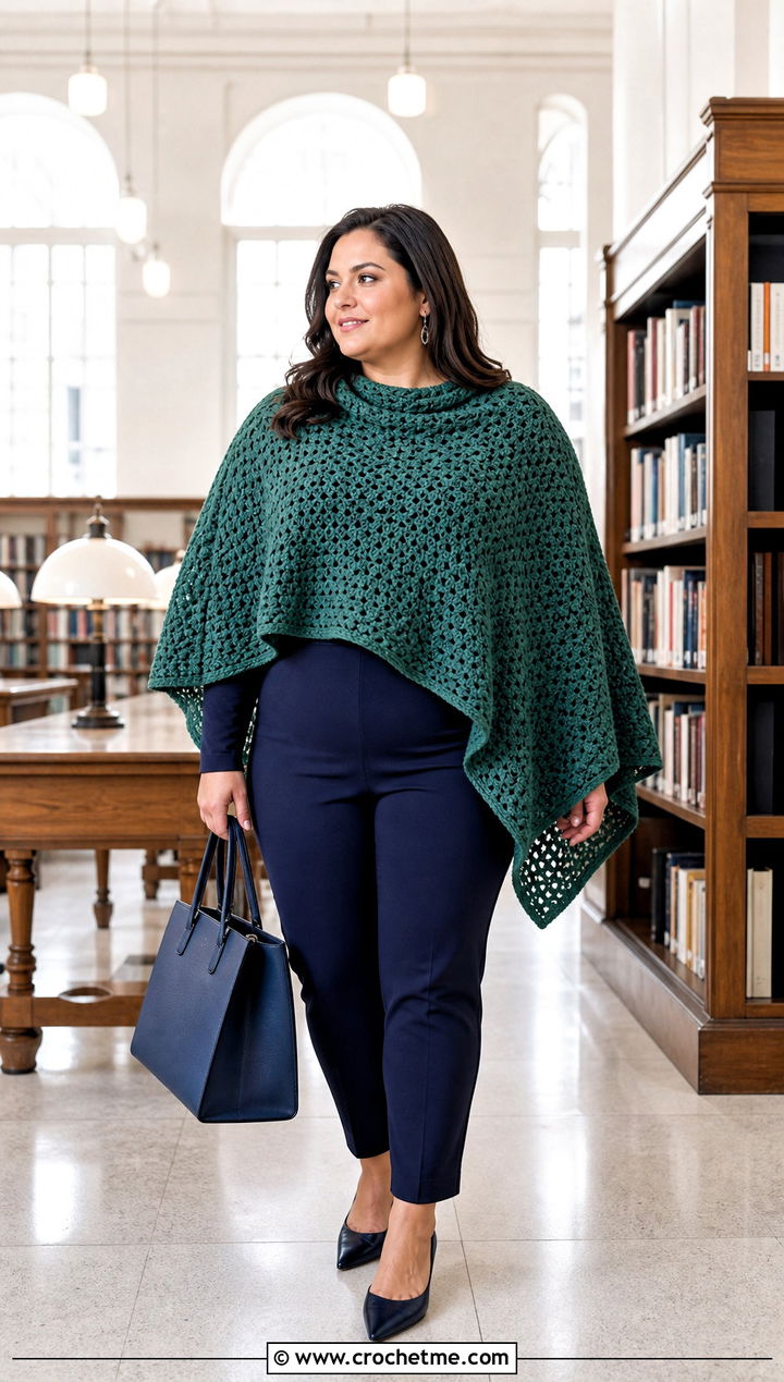 Oversized Crocheted Capelet With Slim Trousers - 25 Crocheted Capelet outfit ideas