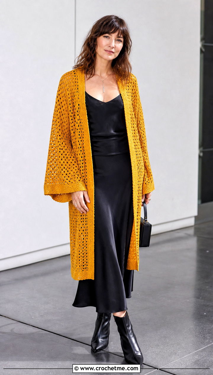 Oversized Crocheted Kimono With Slip Skirt - 25 Crocheted Kimono outfit ideas
