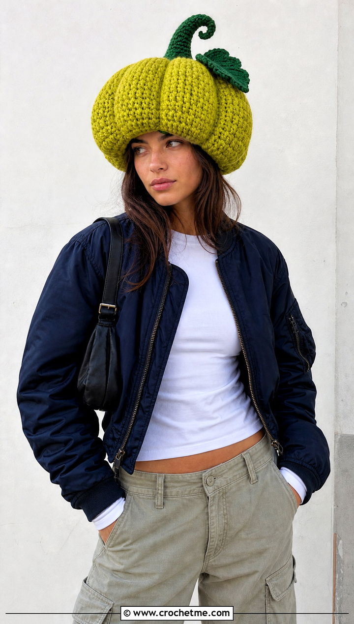 Oversized Crocheted Pumpkin Hat With Bomber Jacket And Cargo Pants - 15 Crocheted Pumpkin Hat outfit ideas