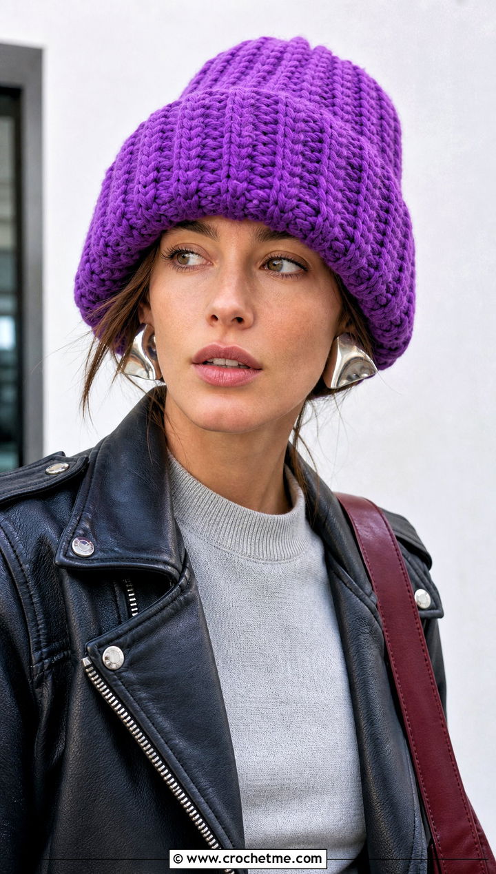 Oversized Cuff Hour Crochet Hat With Leather Jacket - 15 1.5 Hour Crochet Hat outfit ideas