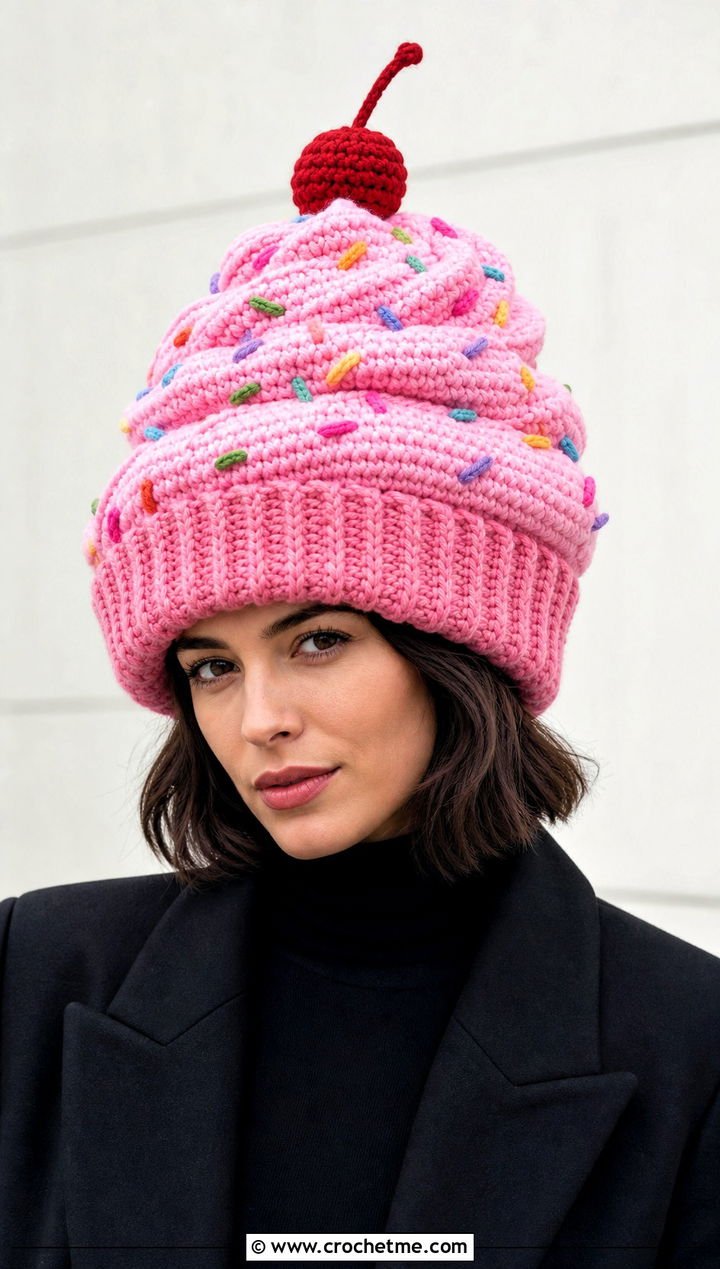 Oversized Cupcake Crochet Beanie With Monochrome Outfit - 15 Crochet Cupcake Beanie outfit ideas
