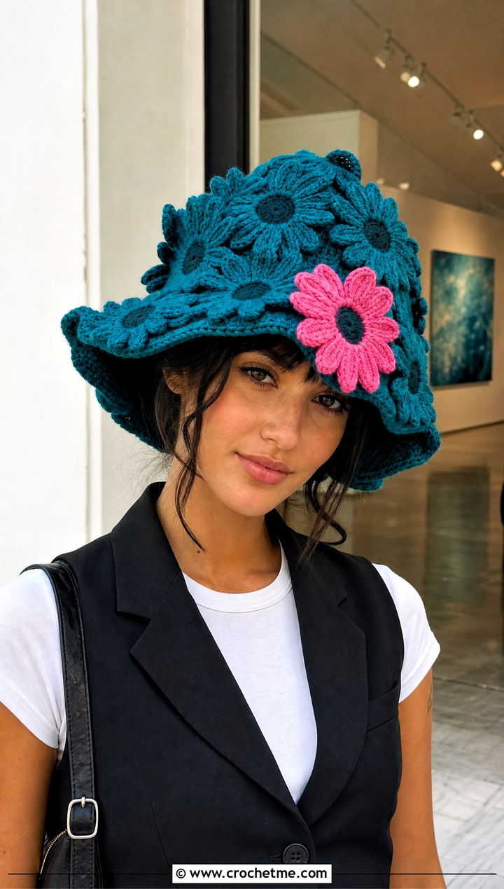 Oversized Daisy Crochet Hat With Vest And Trousers - 30 crochet flower hat outfit ideas