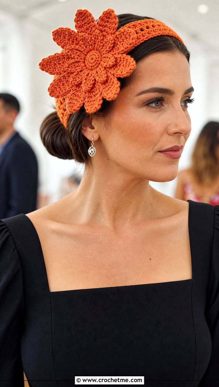 Oversized Daisy Crochet Headband With Black Midi Dress - 15 daisy flower crochet headband outfit ideas