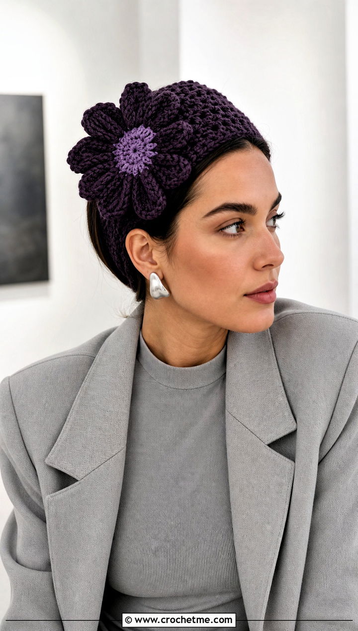 Oversized Daisy Crochet Headband With Monochrome Outfit - 25 Crochet Daisy Headband outfit ideas
