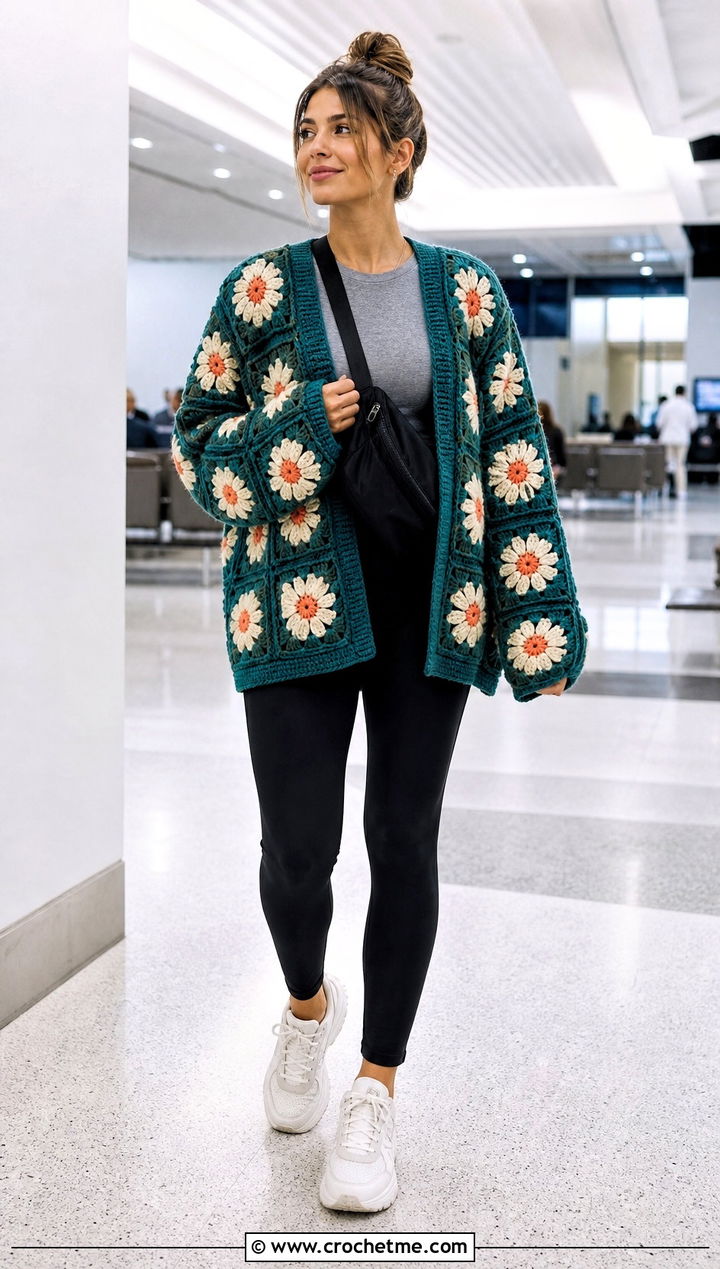 Oversized Daisy Granny Square Cardigan With Black Leggings - 25 Daisy Granny Square Cardigan outfit ideas