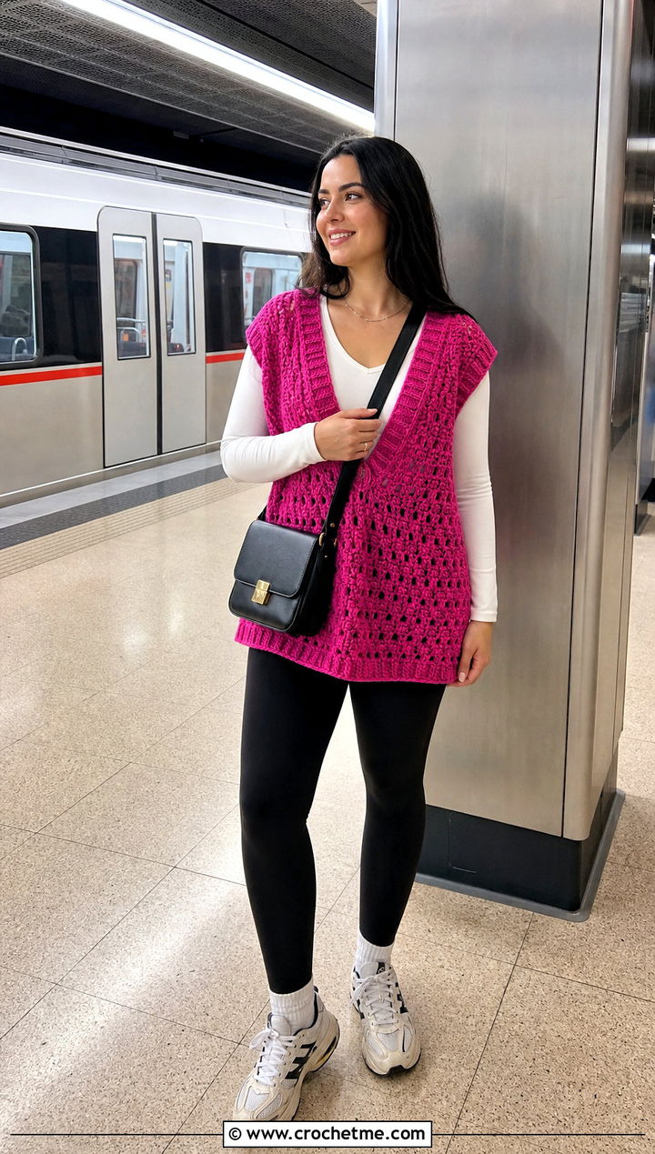 Oversized Deep V Crochet Vest With Leggings - 35 crochet vest for women outfit ideas
