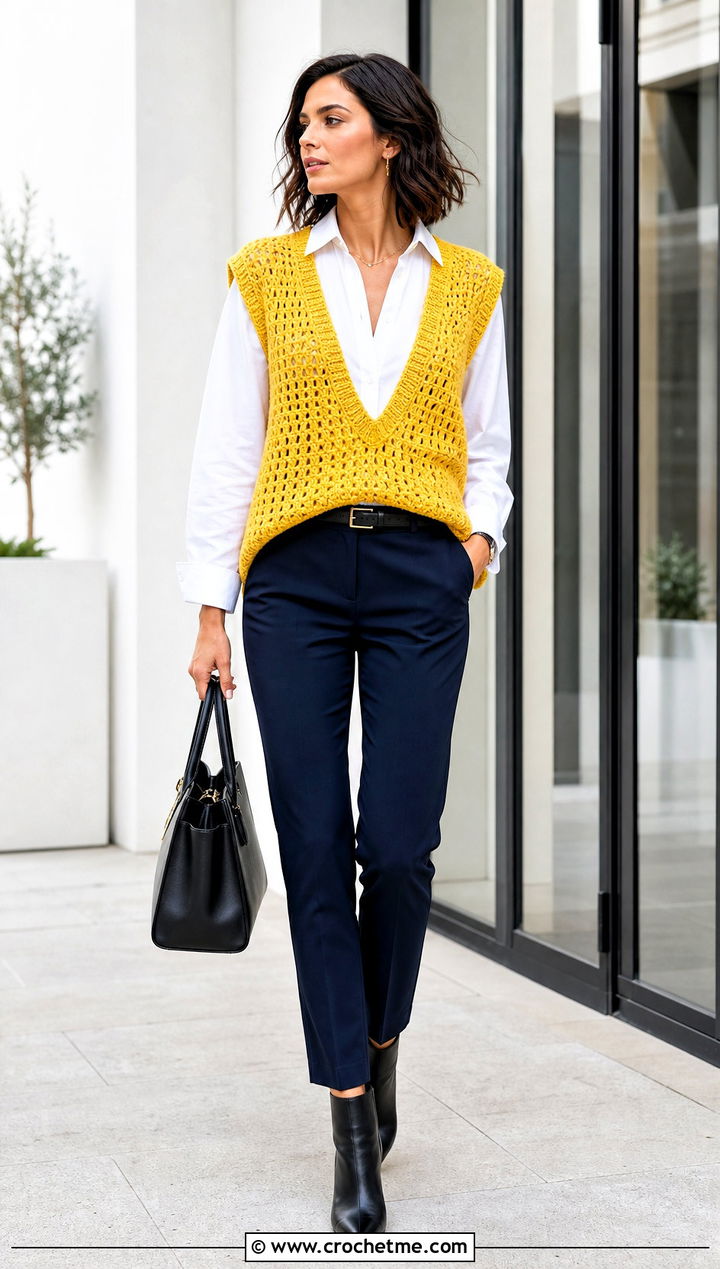 Oversized Deep V Neck Crochet Vest With White Shirt - 30 oversize crochet vest outfit ideas