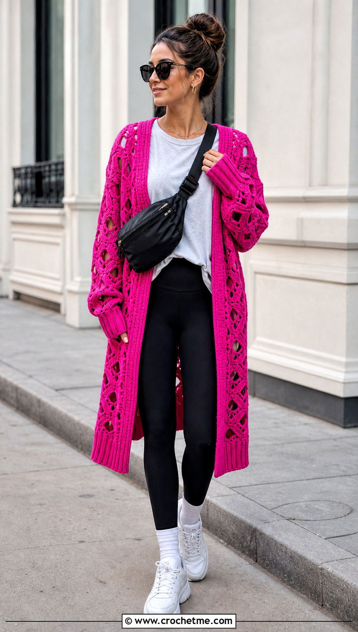 Oversized Diamond Crochet Cardigan With Leggings - 30 diamond crochet cardigan outfit ideas