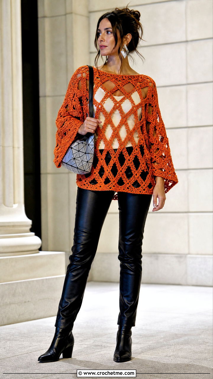 Oversized Diamond Crochet Top With Leather Pants - 35 crochet diamond top outfit ideas