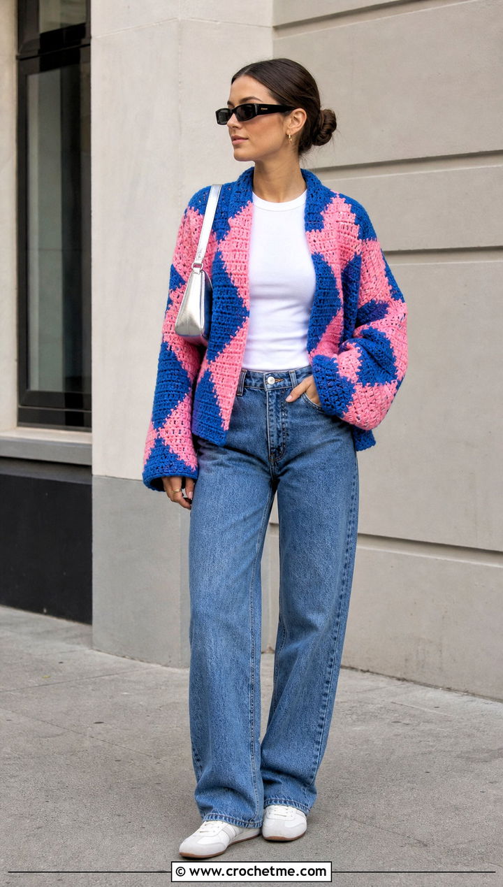 Oversized Diamond Howls Crochet Jacket With Straight Leg Jeans - 25 Howls Crochet Jacket outfit ideas