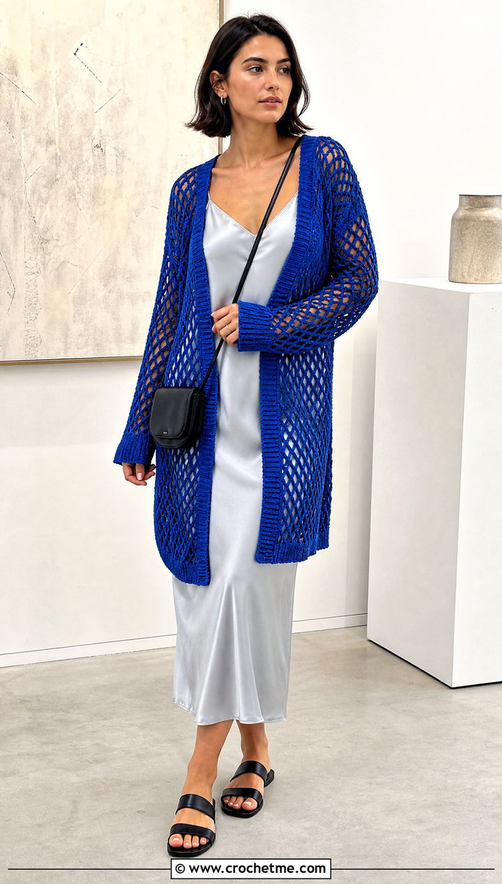 Oversized Diamond Mesh Crochet Cardigan With Slip Dress - 35 crochet mesh cardigan outfit ideas