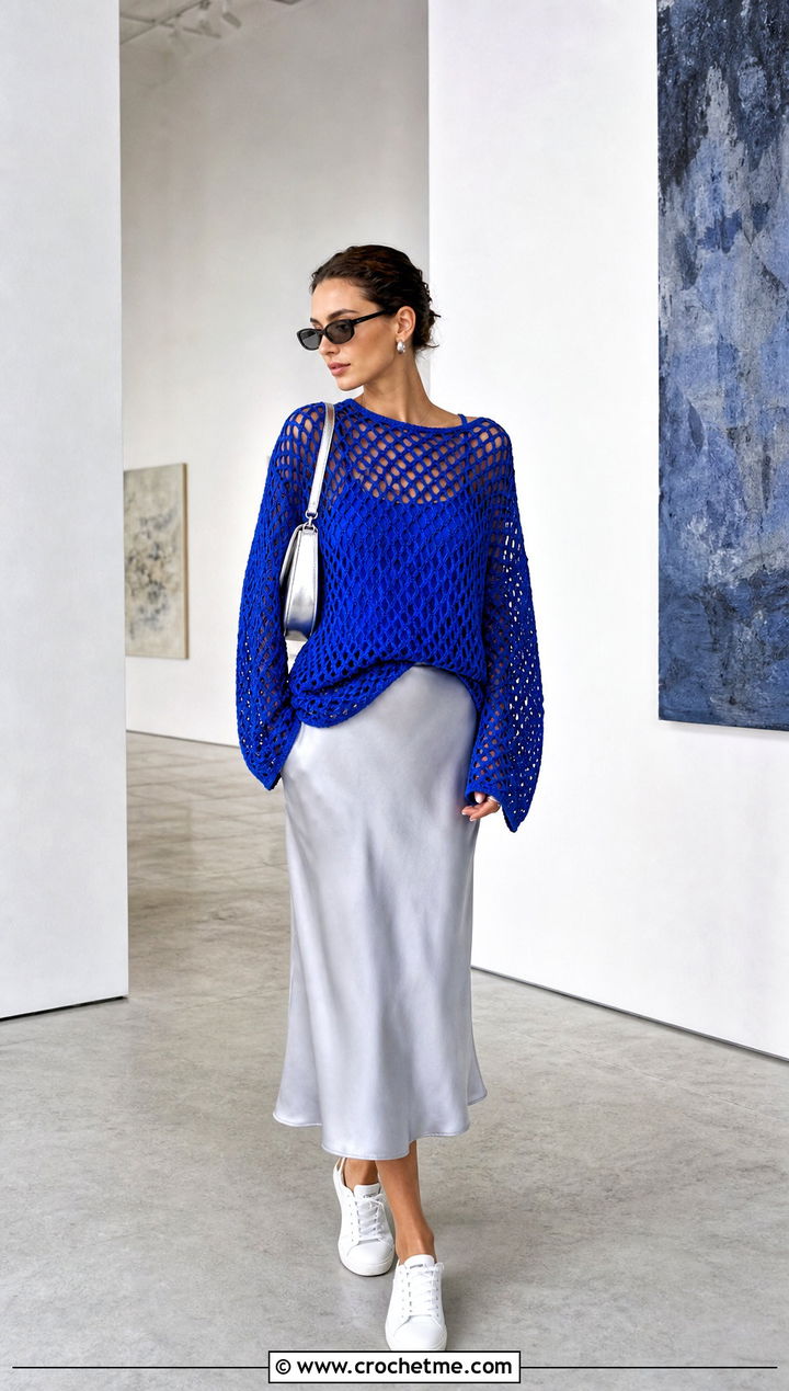 Oversized Diamond Mesh Stitch Crochet Top With Satin Midi Skirt - 25 Diamond Mesh Stitch Crochet Top outfit ideas