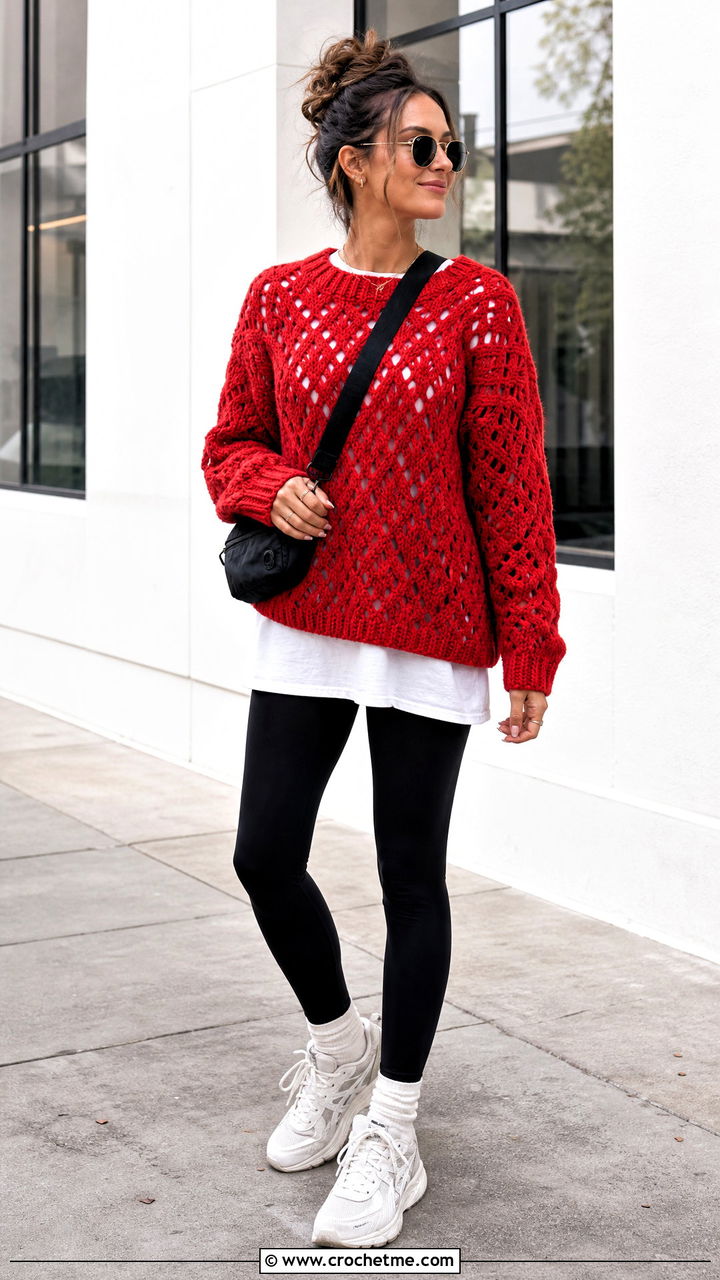 Oversized Diamond Stitch Crochet Lace Sweater With Leggings - 35 crochet lace sweater outfit ideas