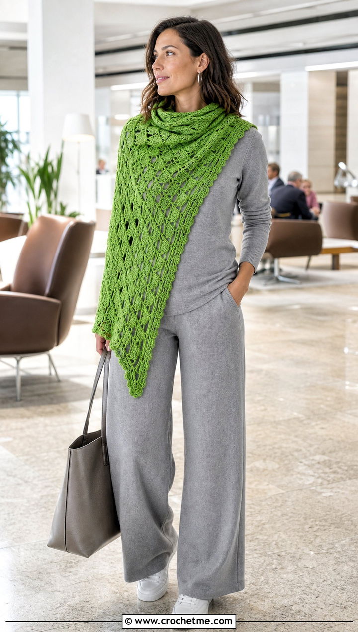 Oversized Diamond Wrap Scarf With Monochrome Knitwear - 15 diamond crochet scarf outfit ideas