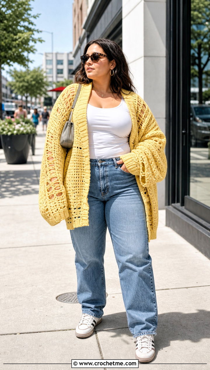Oversized Distressed Crochet Sweater With Straight Leg Jeans - 35 distressed crochet sweater outfit ideas
