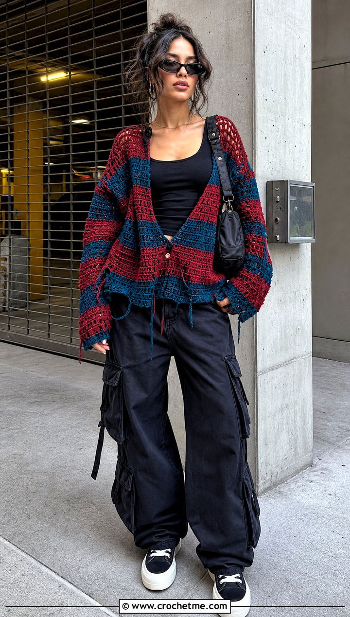 Oversized Distressed Freddy Krueger Sweater With Cargo Pants - 30 crochet freddy krueger sweater outfit ideas