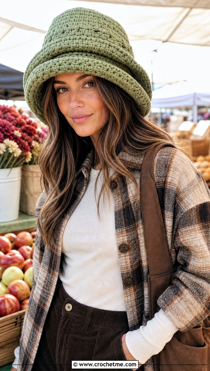 Oversized Double Brim Crochet Hat With Shacket - 20 Double Brim Crochet Hat outfit ideas