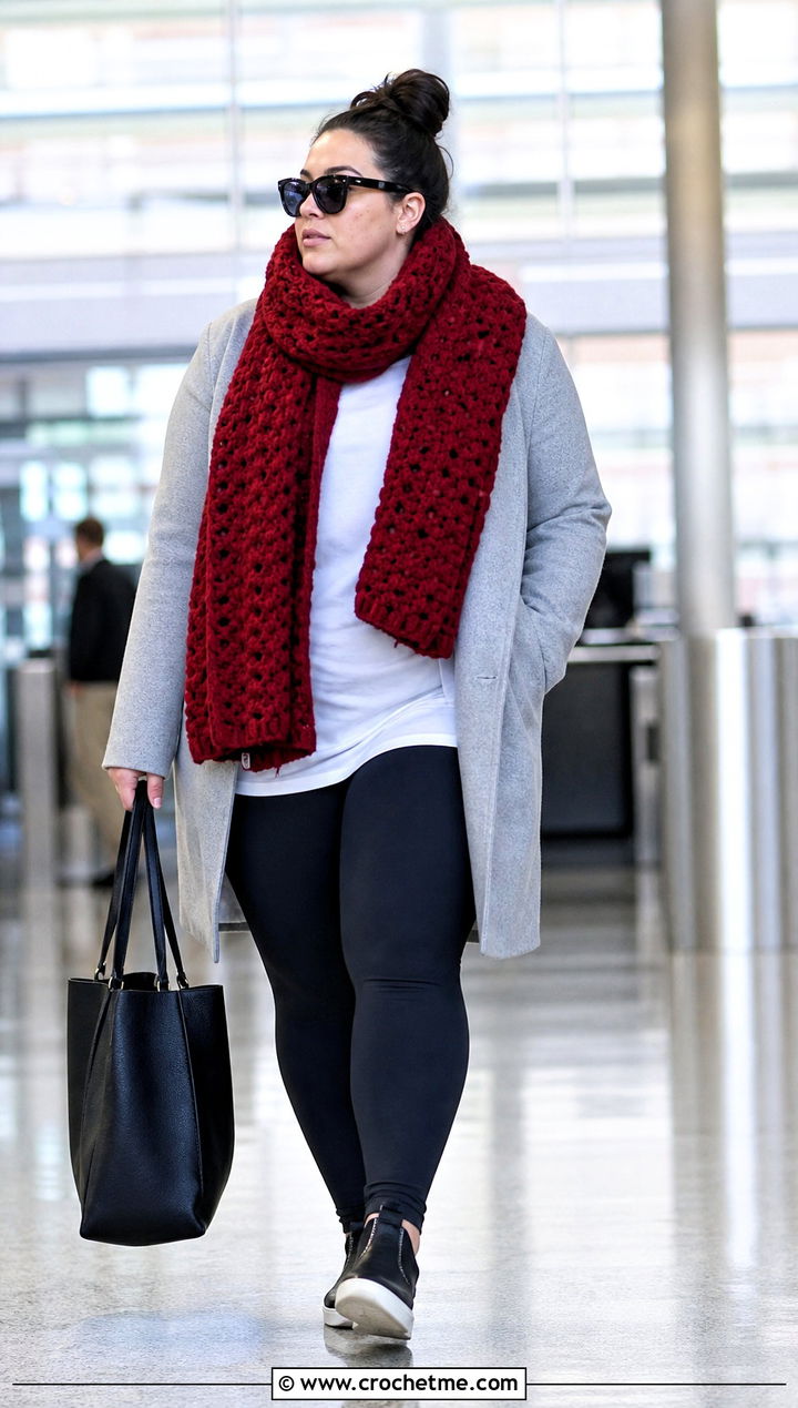 Oversized Double Crochet Scarf With Leggings And Longline Blazer - 35 double crochet scarf outfit ideas