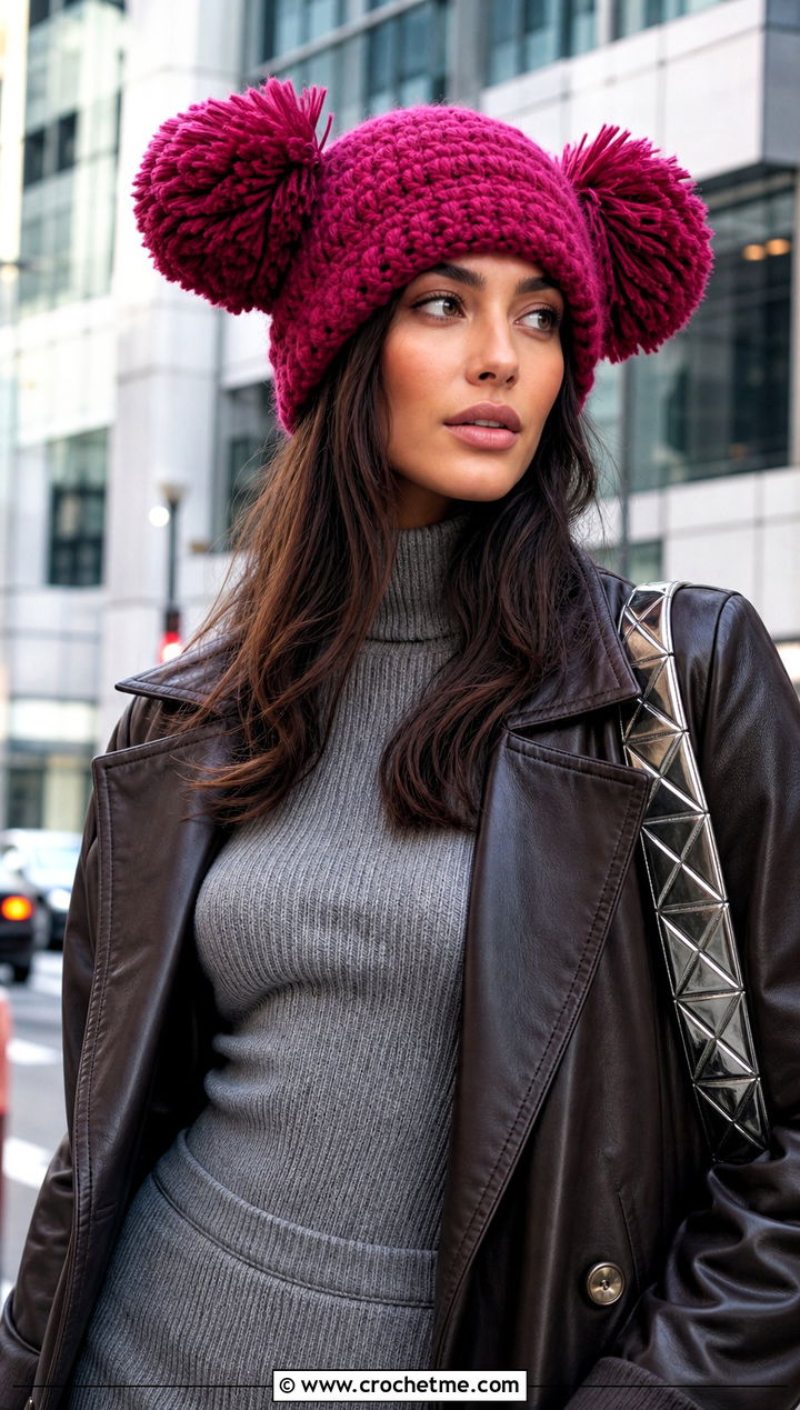Oversized Double Pompom Crochet Hat With Faux Leather Coat - 25 Double Pompom Crochet Hat outfit ideas