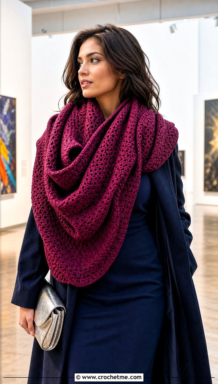 Oversized Draped Cowl Neck Crochet Scarf With Column Dress - 25 Cowl Neck Crochet Scarf outfit ideas