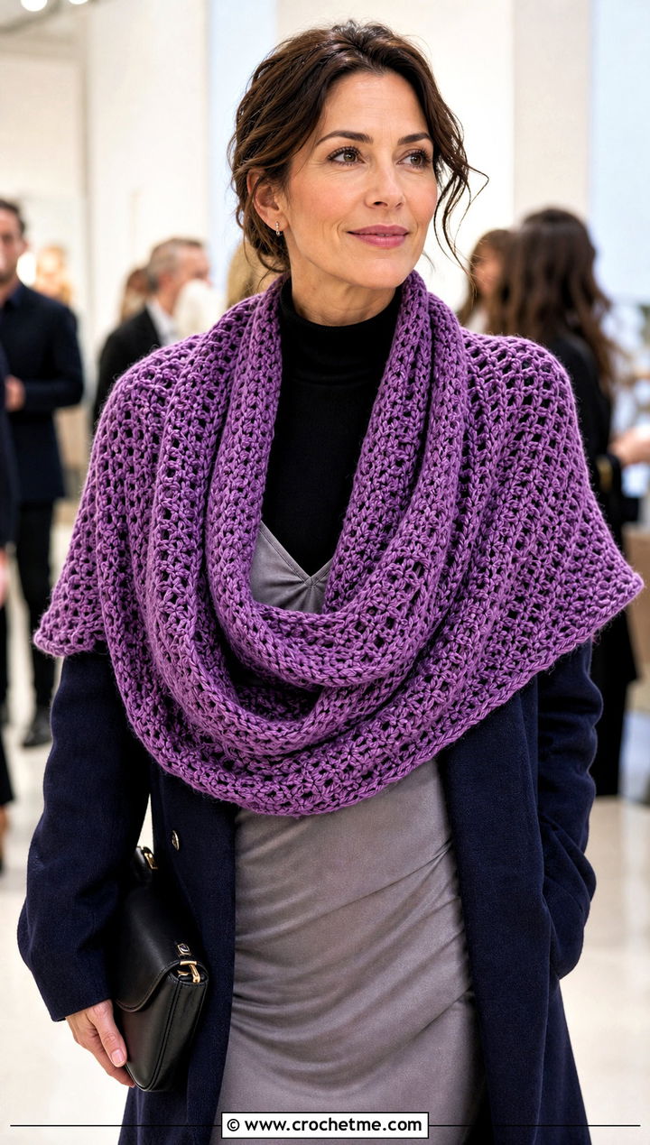 Oversized Draped Crochet Snood Cowl With Slip Dress - 20 crochet snood cowl outfit ideas