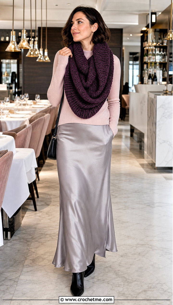 Oversized Draped Crocheted Cowl With Slip Skirt And Sweater - 25 Crocheted Cowl outfit ideas