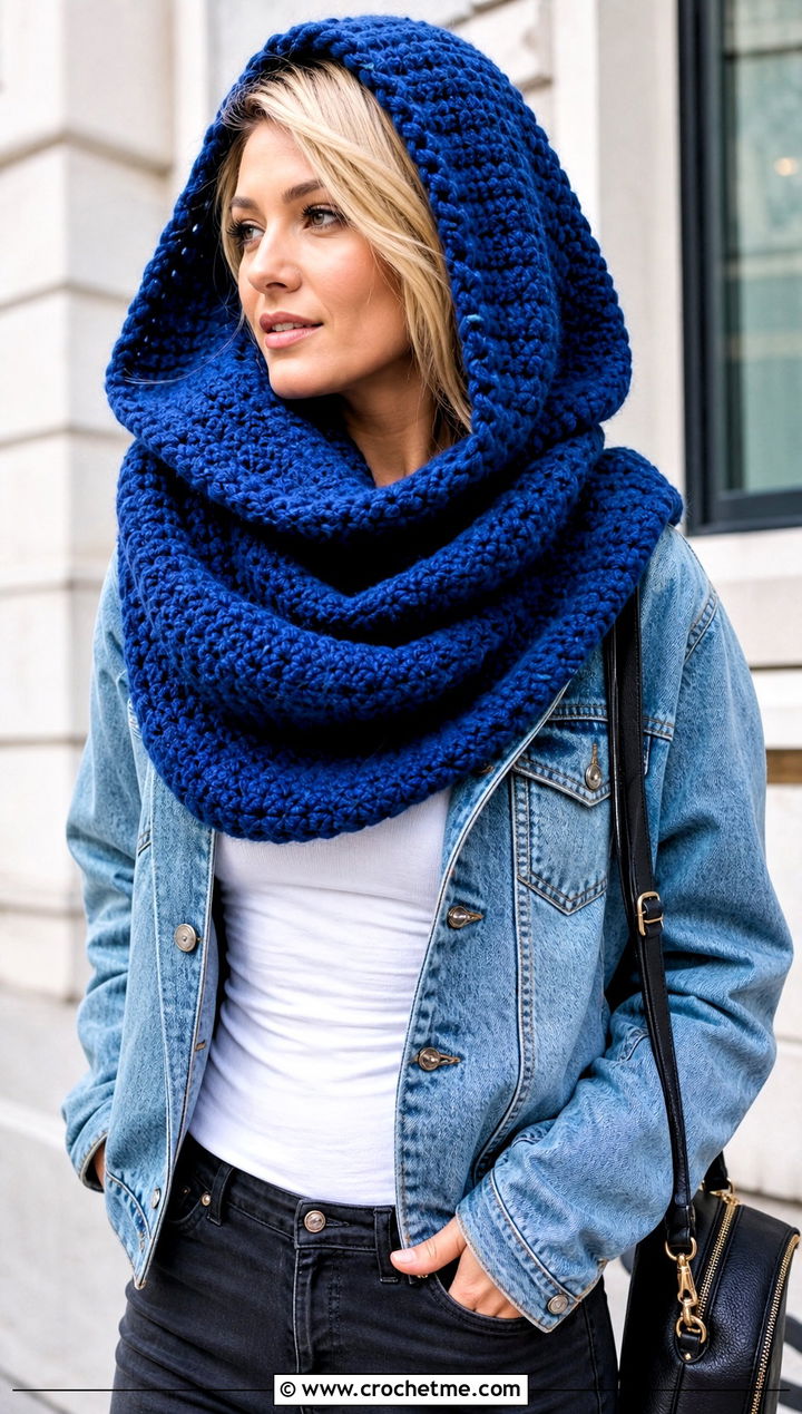 Oversized Draped Hooded Crochet Cowl Snood With Denim Jacket - 25 hooded crochet cowl snood outfit ideas