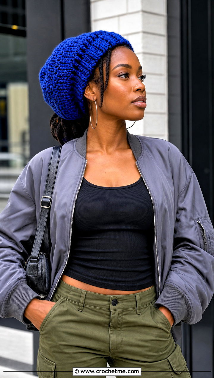 Oversized Dreadlock Tam With Bomber Jacket And Cargo Pants - 15 Crochet Bob Marley Hat outfit ideas
