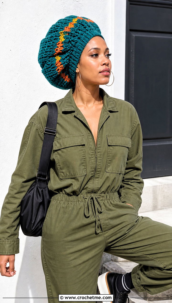 Oversized Dreadlock Tam With Utility Jumpsuit - 25 crochet rasta beanie outfit ideas