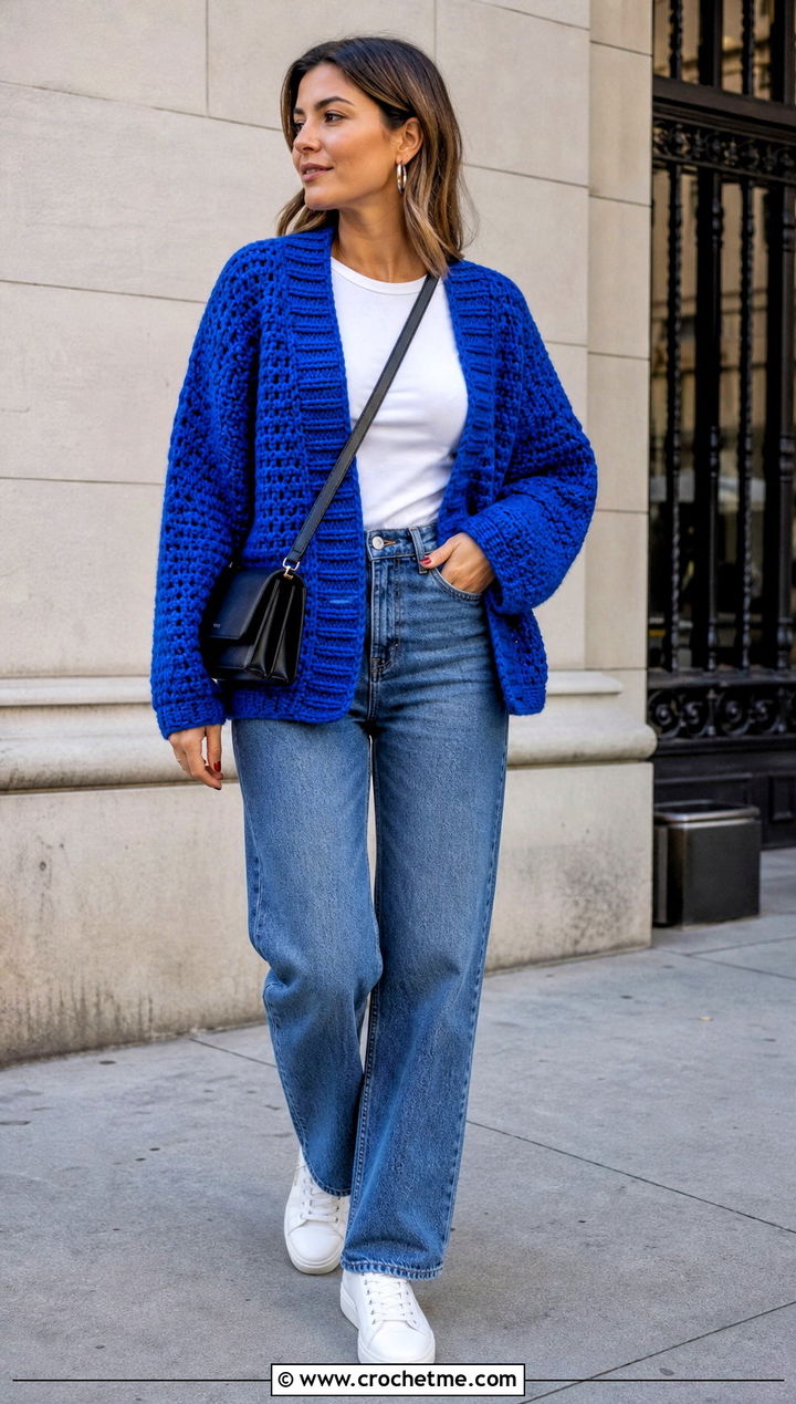 Oversized Drop Shoulder Chunky Crochet Cardigan With Straight Leg Jeans - 15 Chunky Yarn Crochet Cardigan outfit ideas