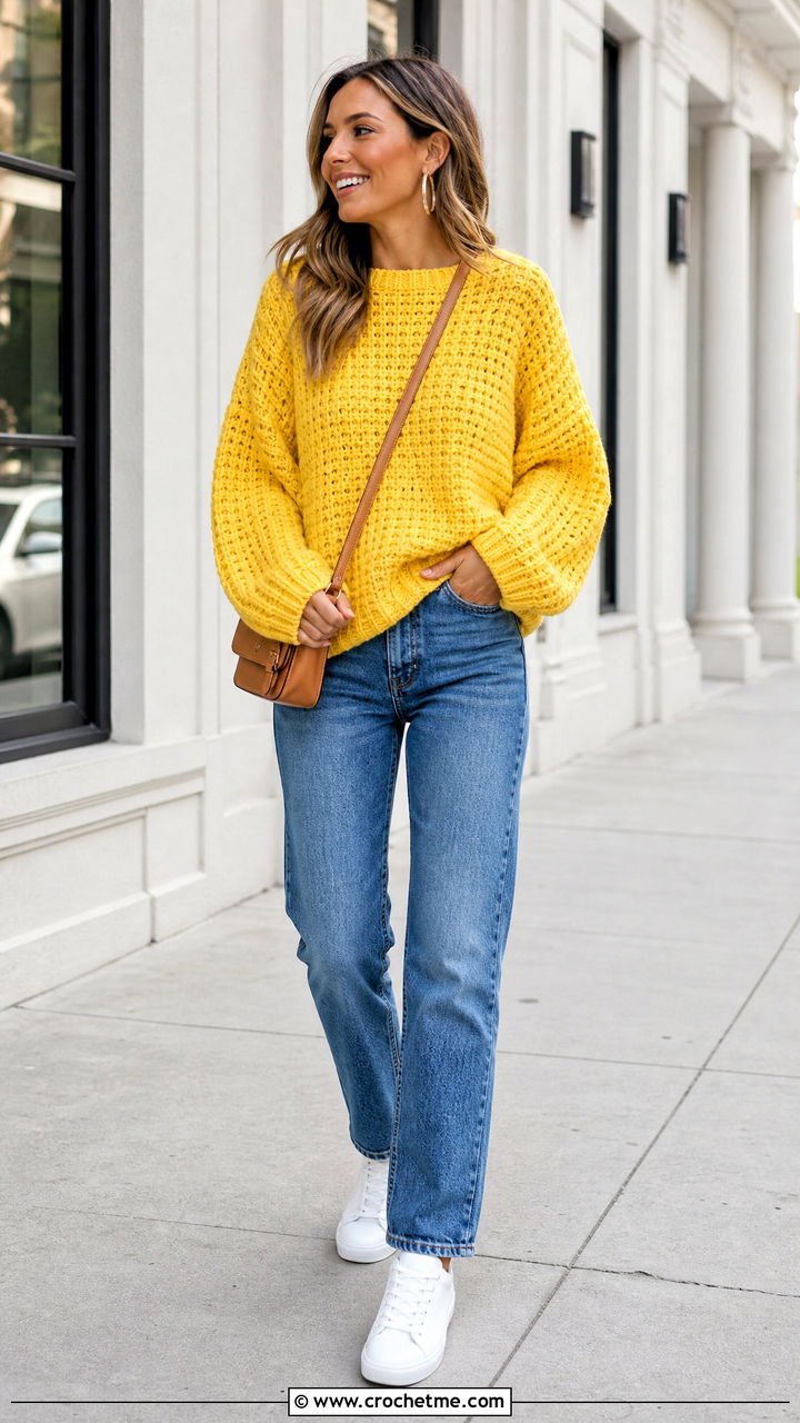 Oversized Drop Shoulder Chunky Crochet Sweater With Straight Jeans - 35 chunky crochet sweater outfit ideas
