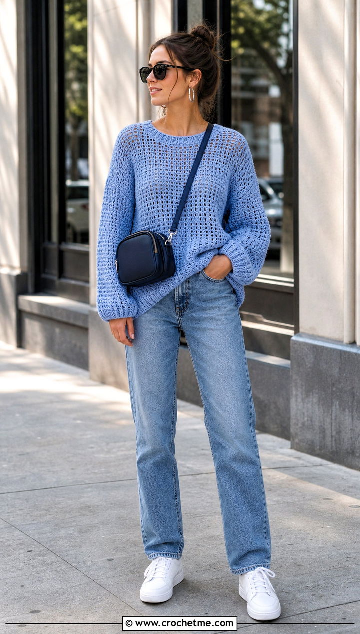 Oversized Drop Shoulder Crochet Boyfriend Sweater With Straight Jeans - 30 crochet boyfriend sweater outfit ideas