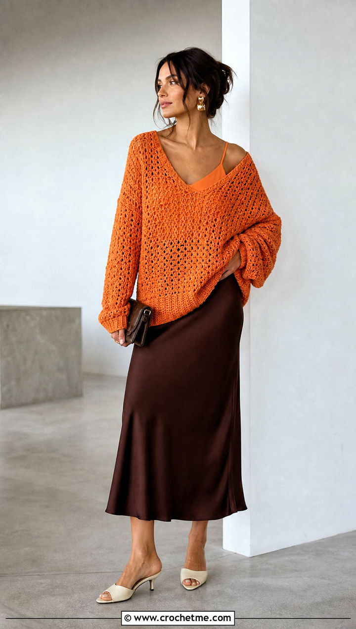 Oversized Drop Shoulder Crochet Cotton Jumper With Satin Midi Skirt - 15 Crochet Cotton Jumper outfit ideas