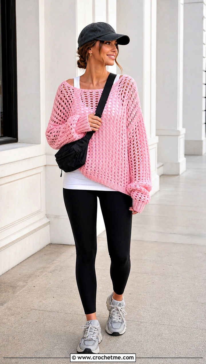 Oversized Drop Shoulder Crochet Cotton Sweater With Leggings - 25 Crochet Cotton Sweater outfit ideas
