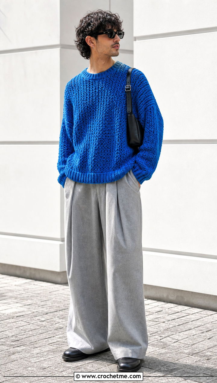 Oversized Drop Shoulder Crochet Mens Pullover With Wide Leg Pants - 15 crochet mens pullover outfit ideas