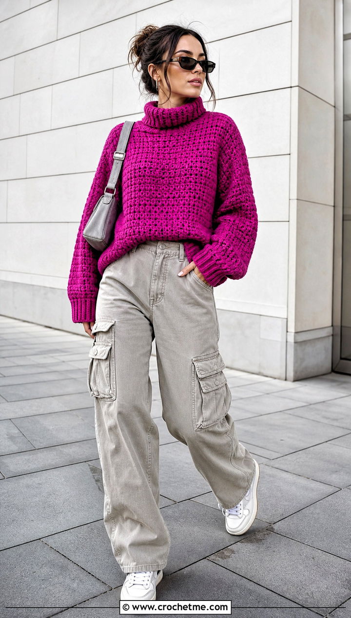 Oversized Drop Shoulder Crochet Roll Neck Sweater With Cargo Pants - 20 Crochet Roll Neck Sweater outfit ideas