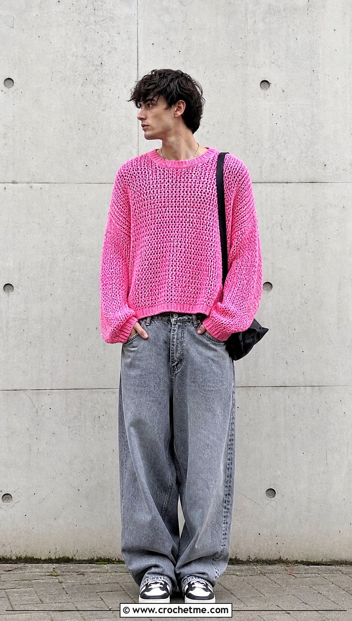 Oversized Drop Shoulder Crochet Sweater With Baggy Jeans - 30 men's crochet sweater outfit ideas