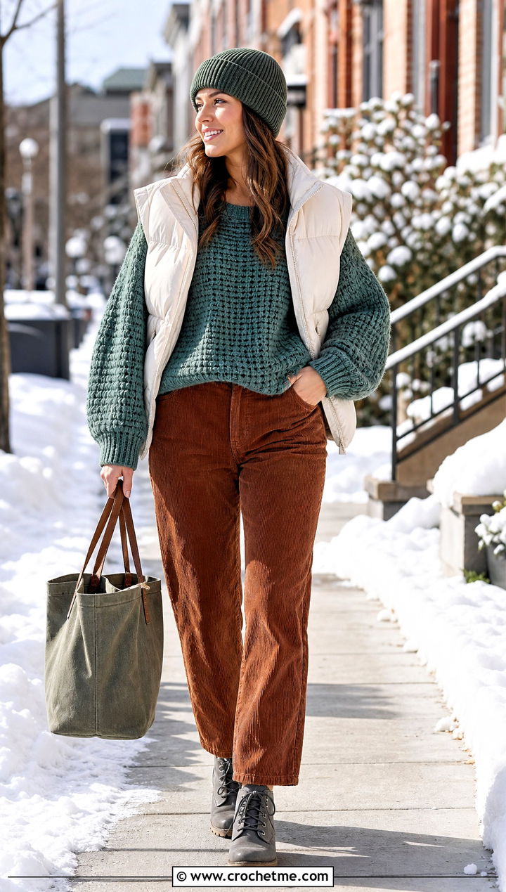 Oversized Drop Shoulder Crochet Sweater With Corduroy Pants - 15 Crochet Wide Neck Sweater outfit ideas