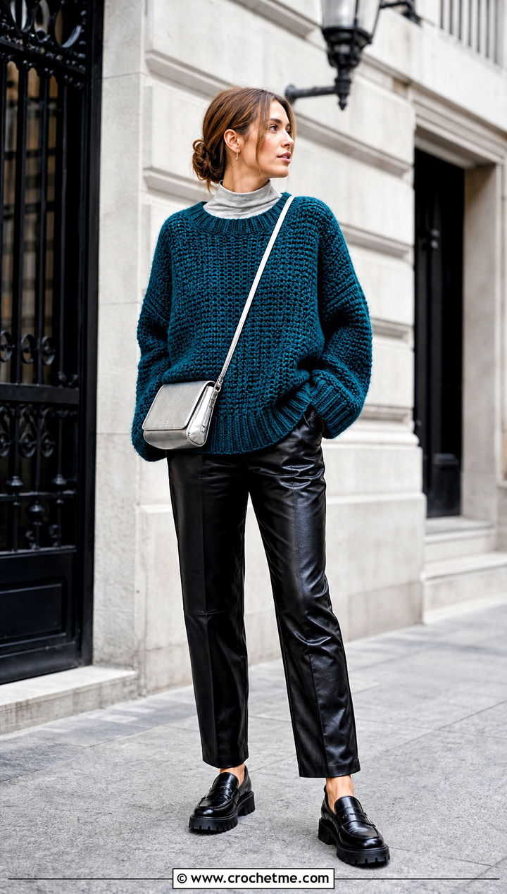 Oversized Drop Shoulder Crochet Sweater With Leather Pants - 15 Sweaters To Crochet For Women outfit ideas