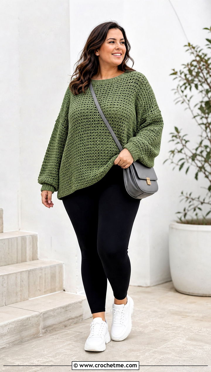Oversized Drop Shoulder Crochet Sweater With Leggings - 25 Crocheted Sweaters For Women outfit ideas