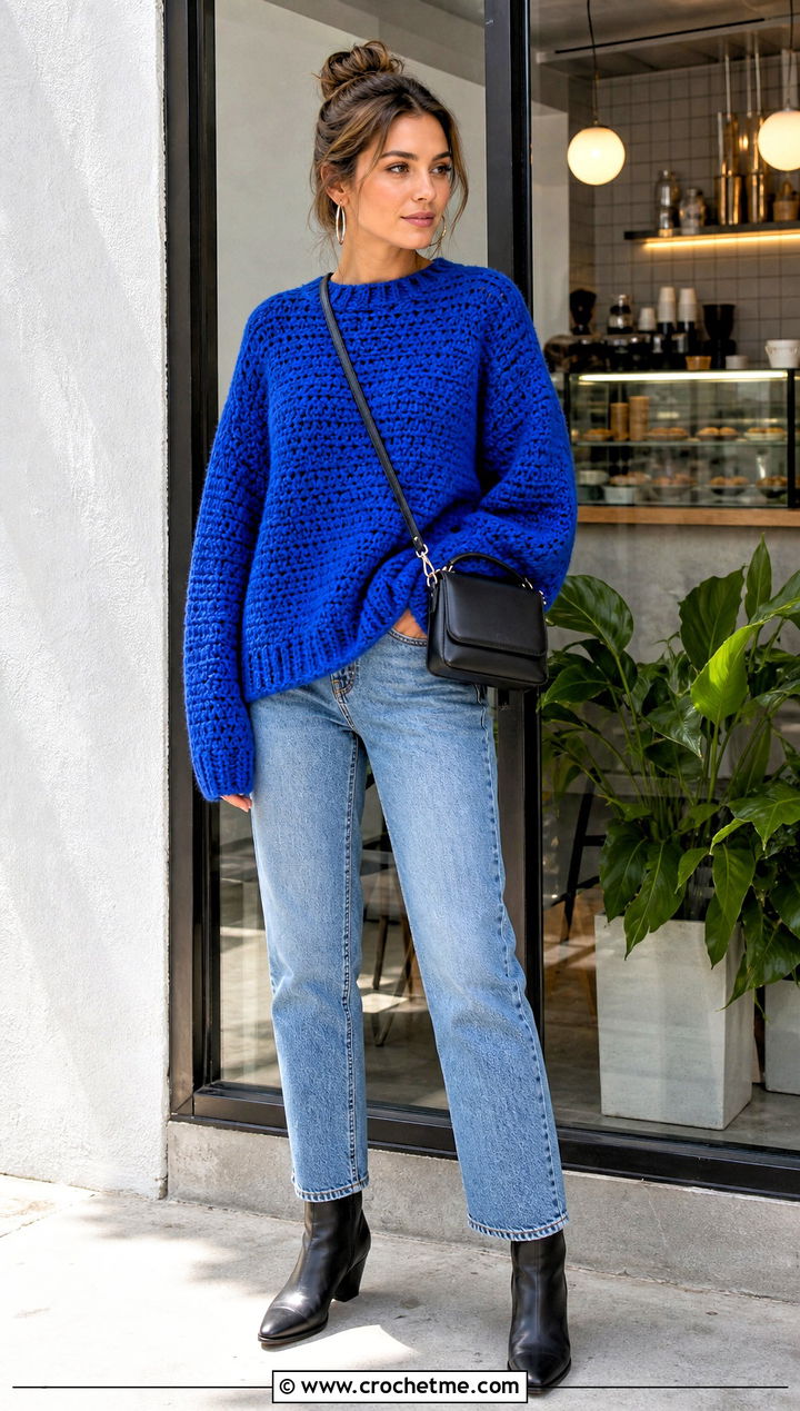 Oversized Drop Shoulder Crochet Sweater With Straight Leg Jeans - 25 chunky yarn crochet sweater outfit ideas